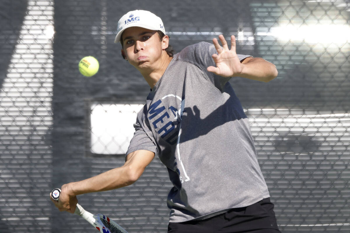 The Meadows Jacob Garber returns the ball during the Class 4A boys tennis team State Championsh ...