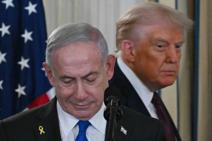 President Donald Trump and Israeli Prime Minister Benjamin Netanyahu, left, arrive for a news c ...