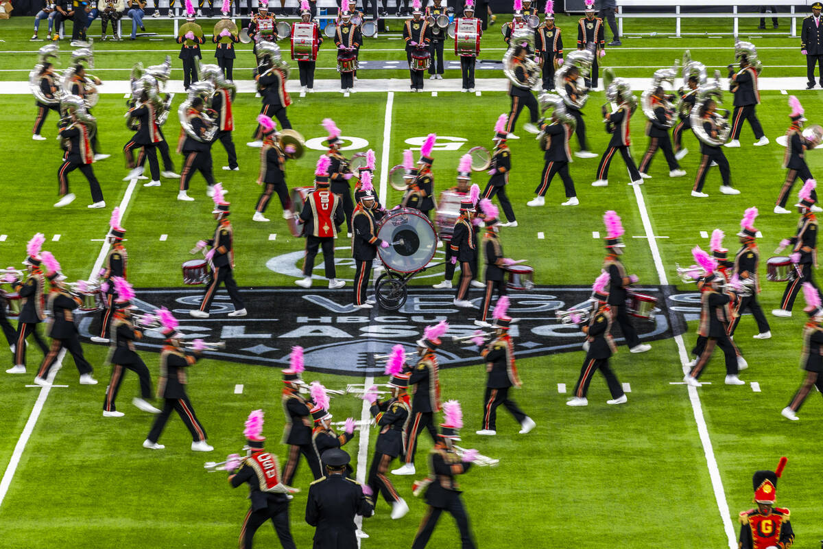 The Grambling State Tigers band performs during halftime of their Las Vegas HBCU Classic footba ...