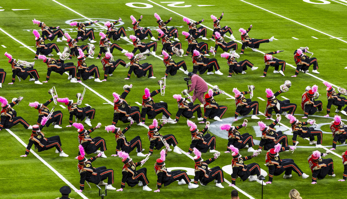The Grambling State Tigers band performs during halftime of their Las Vegas HBCU Classic footba ...