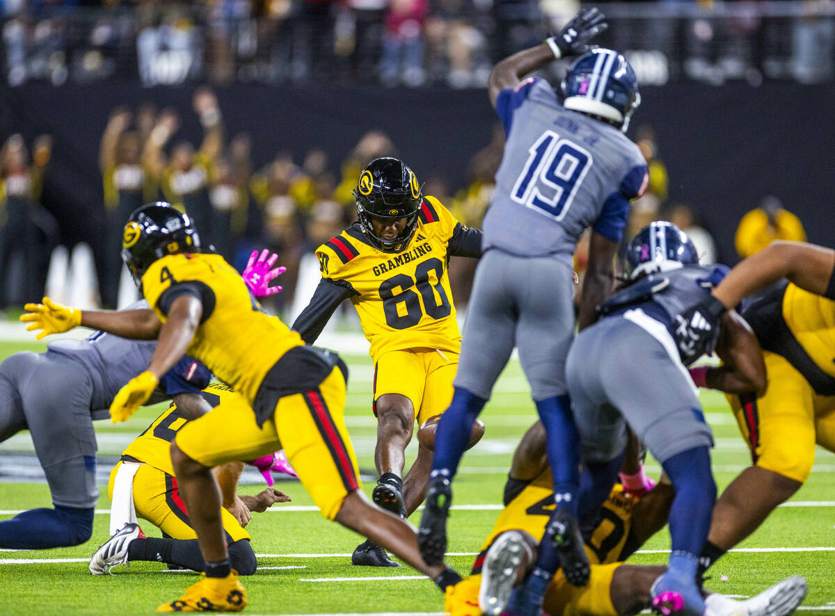 Grambling State Tigers kicker Josh McCormick (60) makes the game winning field goal as Jackson ...