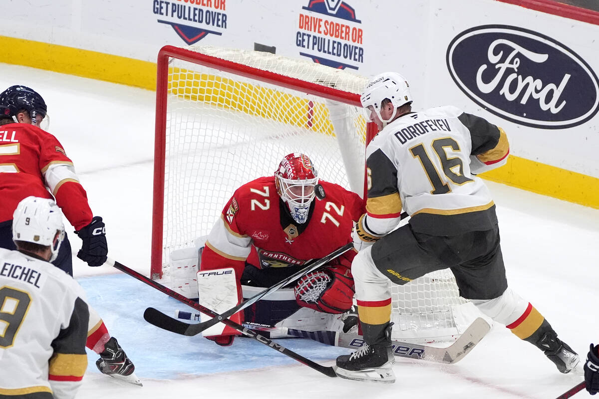 Florida Panthers goaltender Sergei Bobrovsky (72) stops a scoring attempt by Vegas Golden Knigh ...