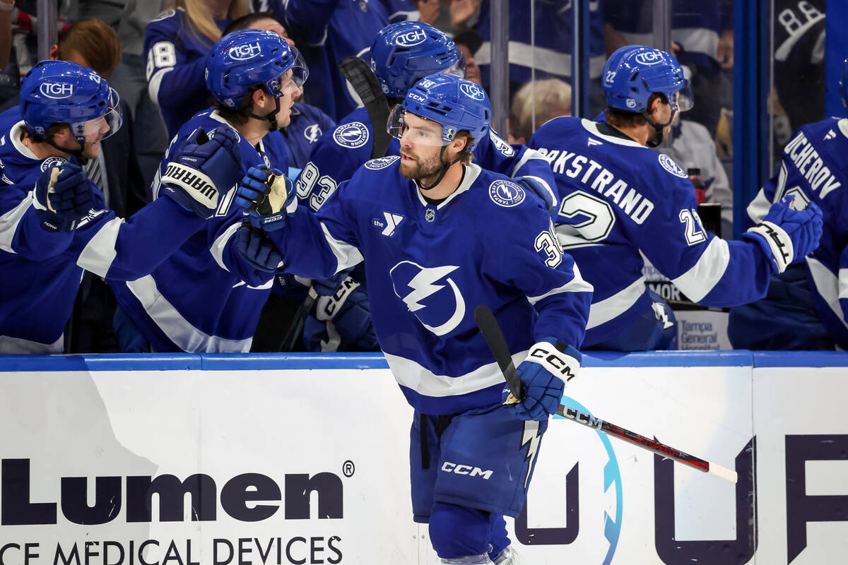 Tampa Bay Lightning's Brandon Hagel celebrates after his goal against the Vegas Golden Kni ...