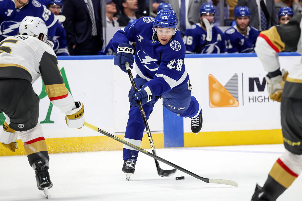 Tampa Bay Lightning's Pontus Holmberg (29) shoots against the Vegas Golden Knights during ...