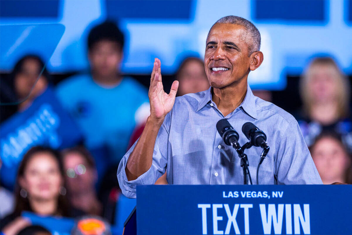 Former President Barack Obama speaks at Cheyenne High School on Saturday, Oct. 19, 2024, in Nor ...