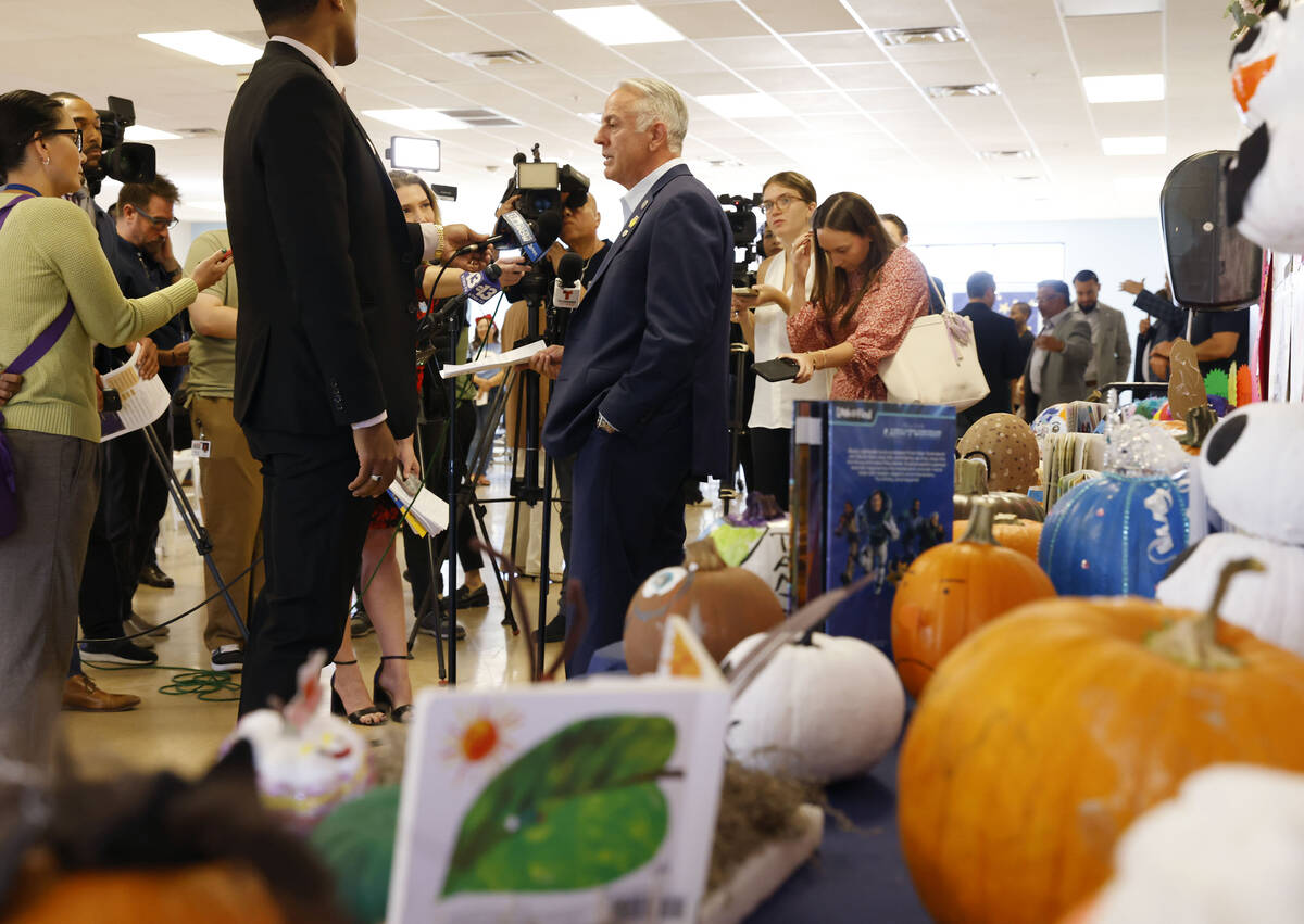 Gov. Joe Lombardo addresses reporters after attending a press conference and celebration event, ...