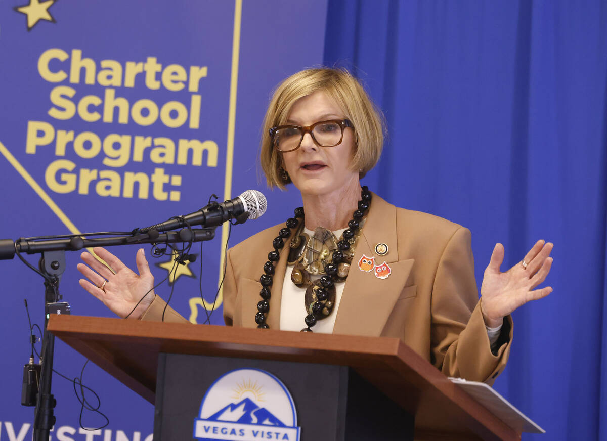 Rep. Susie Lee speaks during a press conference and celebration event, hosted by Opportunity 18 ...