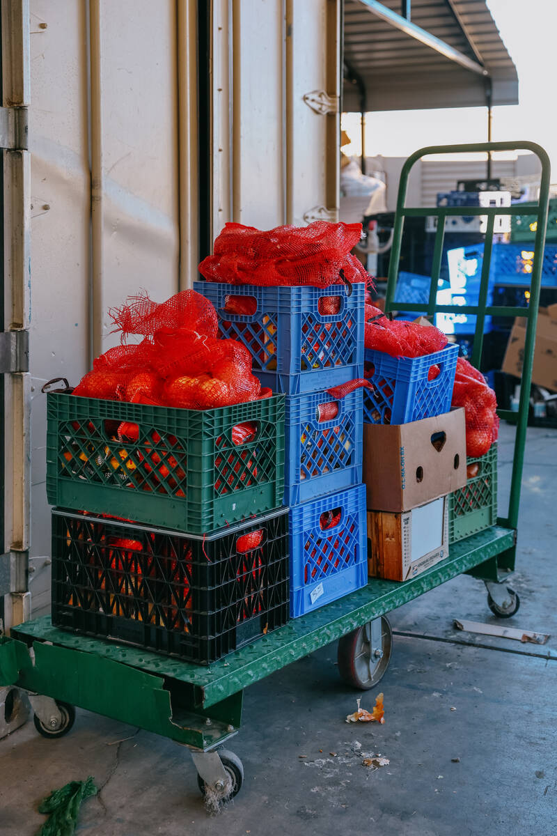 Boxes of potatoes sit on a dolly at City Impact Urban Food Bank on Tuesday, Oct. 28, 2025 in La ...