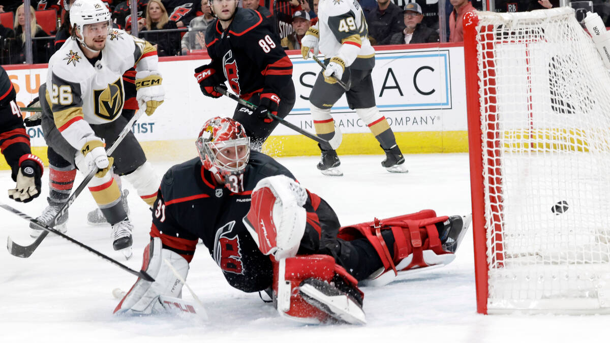 Carolina Hurricanes goaltender Frederik Andersen (31) and Vegas Golden Knights right wing Alexa ...