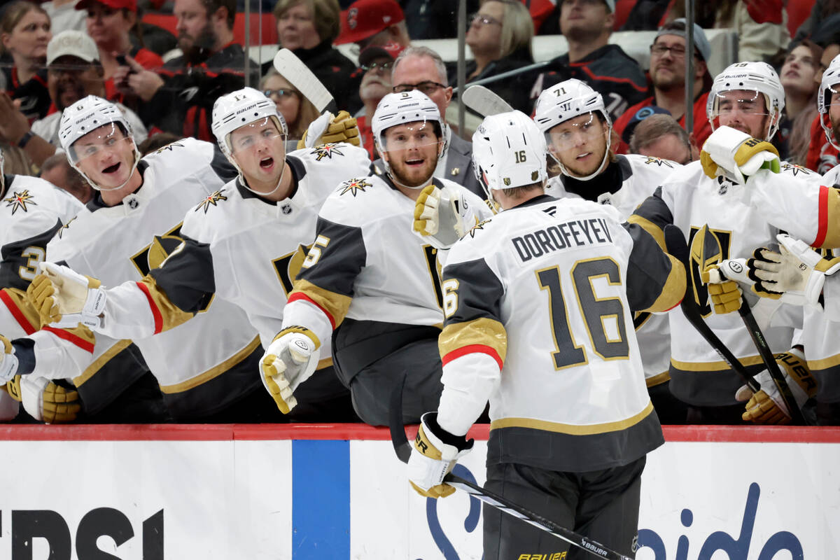 Vegas Golden Knights right wing Pavel Dorofeyev (16) celebrates his goal with teammates after h ...