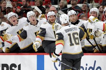 Vegas Golden Knights right wing Pavel Dorofeyev (16) celebrates his goal with teammates after h ...