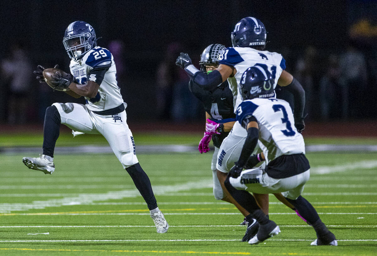 Shadow Ridge's Trevin Young (29) intercepts a pass intended for Palo Verde's Beau Gar ...