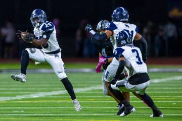 Shadow Ridge's Trevin Young (29) intercepts a pass intended for Palo Verde's Beau Gar ...