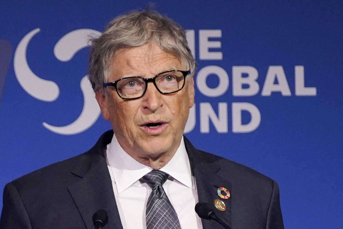 Bill Gates speaks during the Global Fund's Seventh Replenishment Conference, Sept. 21, 2022, in ...