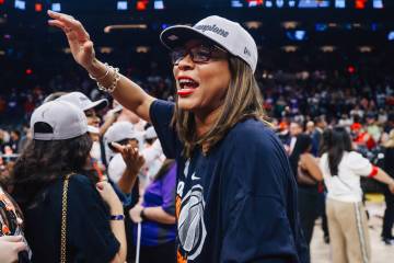 Aces president Nikki Fargas celebrates following game four of the WNBA finals at Mortgage Match ...