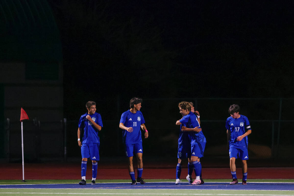 Green Valley celebrates its first goal against Shadow Ridge in a first round game of 4A boys&#x ...