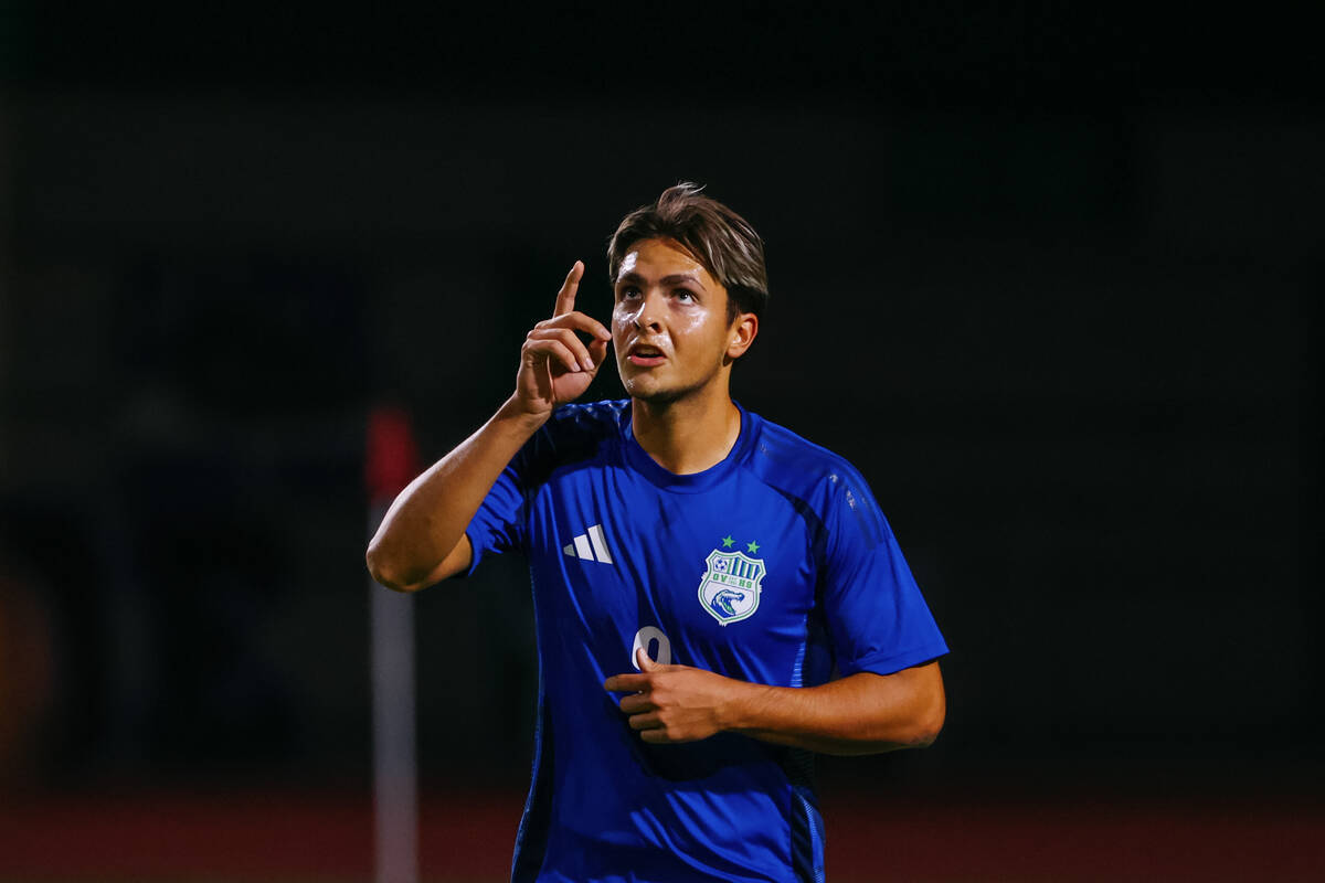 Green Valley forward Amilcar Cipili (9) celebrates making the Gators’ second goal in a f ...