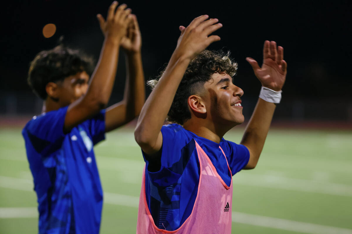 Green Valley midfielder Mateo Gilbert (16) celebrates the Gators’ win over Shadow Ridge ...