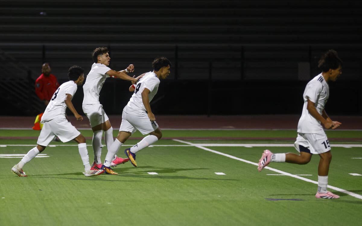 Las Vegas players celebrate after scoring against Palo Verde during a 5A boys soccer Southern R ...
