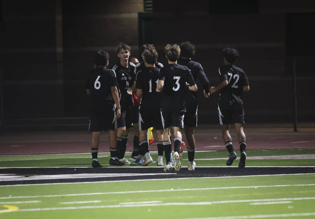 Palo Verde celebrates after scoring against Las Vegas during a 5A boys soccer Southern Region s ...