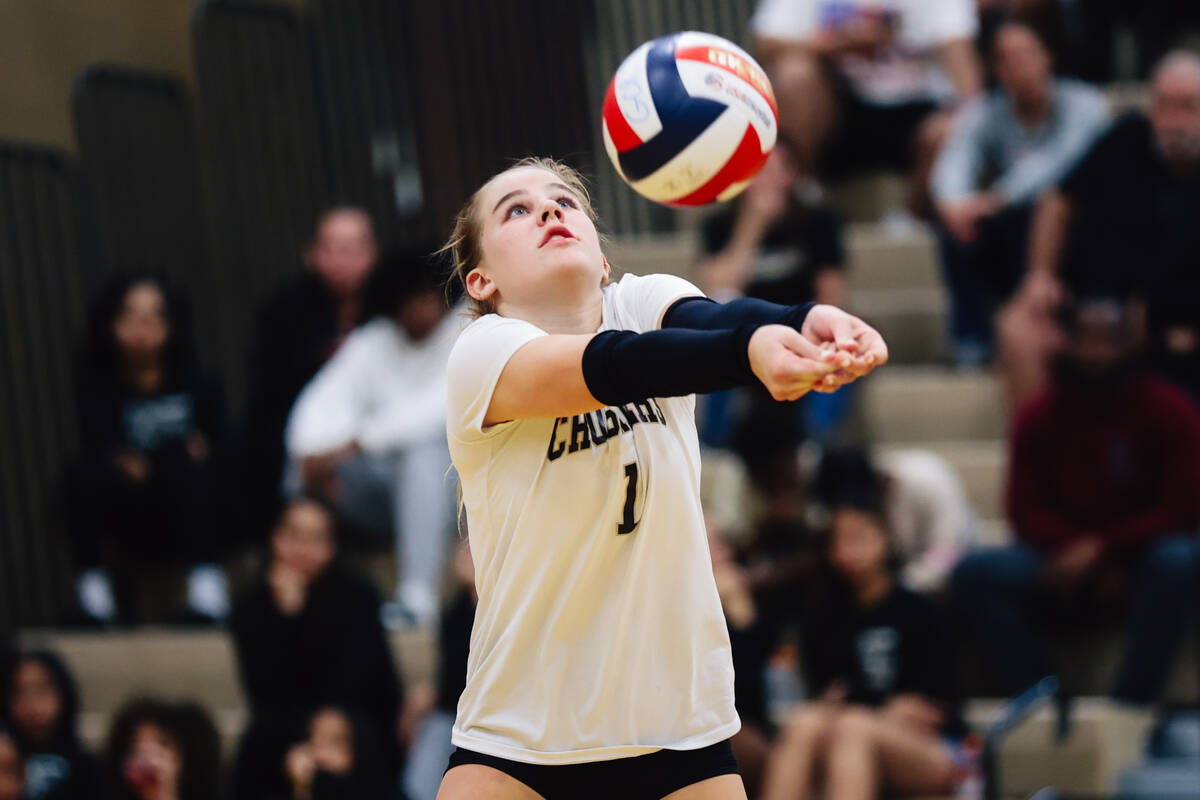 Faith Lutheran libero Ellee Ford bumps the ball during a 5A girls volleyball Southern Region se ...