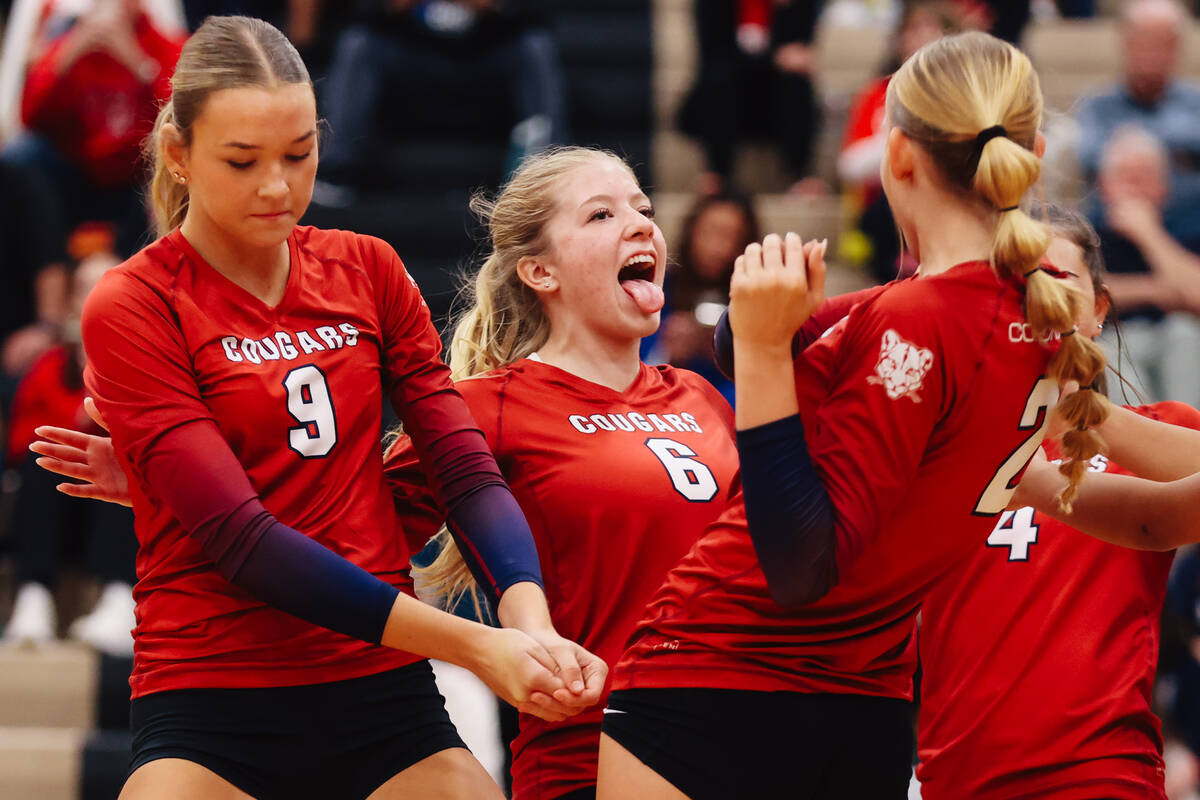 Coronado setter Tru Halvorsen celebrates during a 5A girls volleyball Southern Region semifinal ...