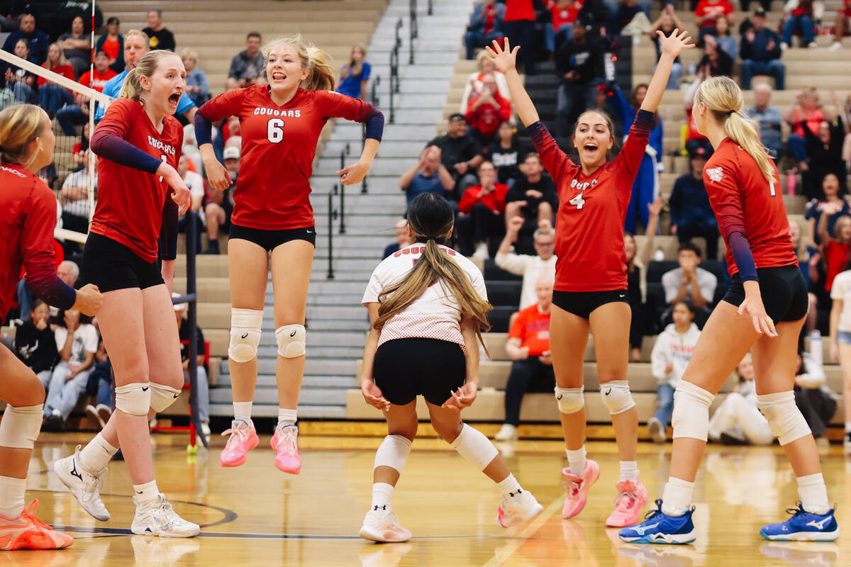Coronado celebrates winning a 5A girls volleyball Southern Region semifinals game against Arbor ...