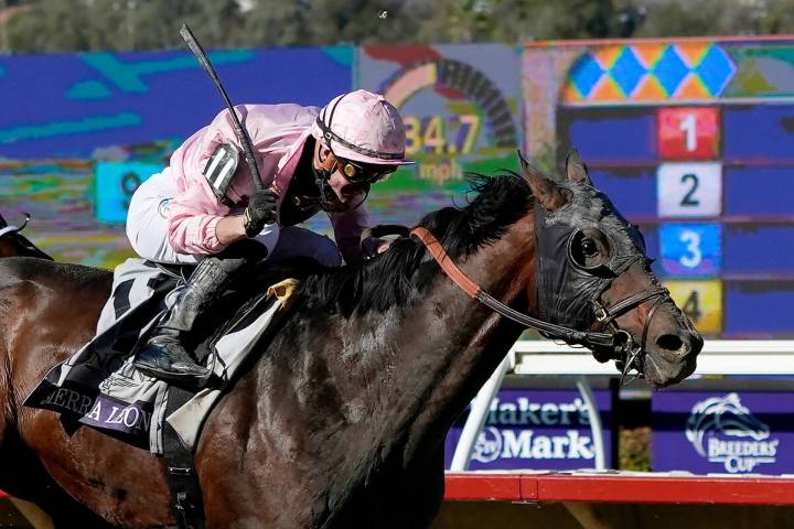 Sierra Leone, front, ridden by Flavien Prat wins the Breeders' Cup Classic horse race in Del Ma ...