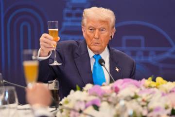President Donald Trump toasts with state leaders during a dinner event hosted by South Korean P ...