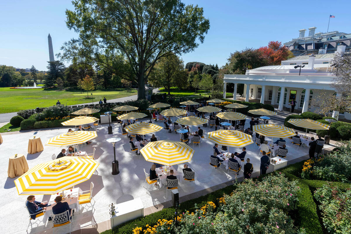 President Donald Trump speaks during a lunch with Republican senators in the Rose Garden of the ...
