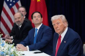 President Donald Trump, right, with Secretary of State Marco Rubio, second right, and Commerce ...