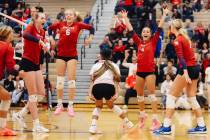Coronado celebrates winning a 5A girls volleyball Southern Region semifinals game against Arbor ...