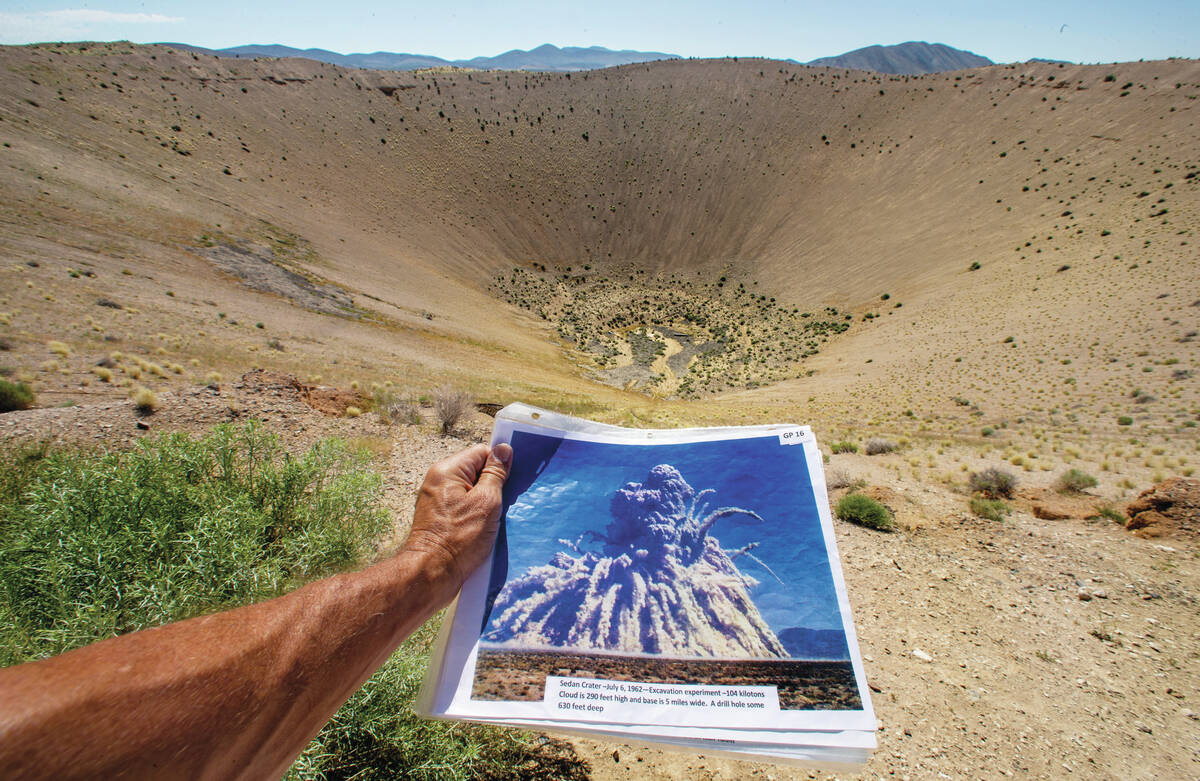 The Sedan crater and a photo of the July 6, 1962, underground nuclear blast that created the cr ...