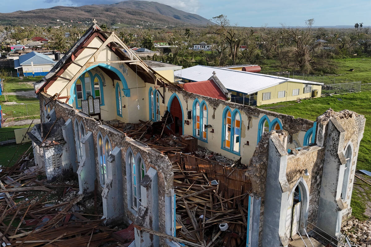 The church of Lacovia Tombstone, Jamaica, sits damaged in the aftermath of Hurricane Melissa, W ...