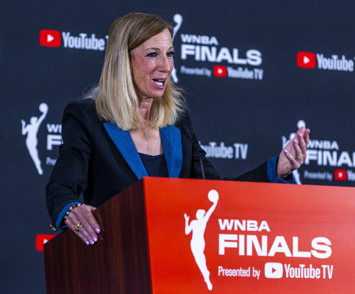 WNBA commissioner Cathy Engelbert speaks to the media before game 1 of the WNBA Finals series w ...