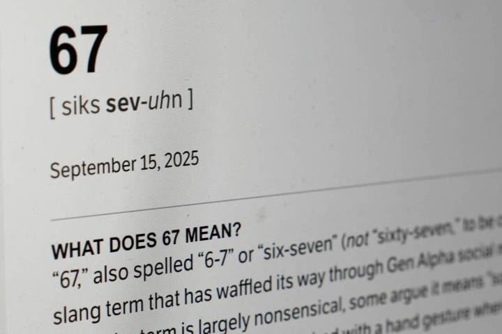 This Dictionary.com page shows the newest word of the year "6-7" on a computer screen ...