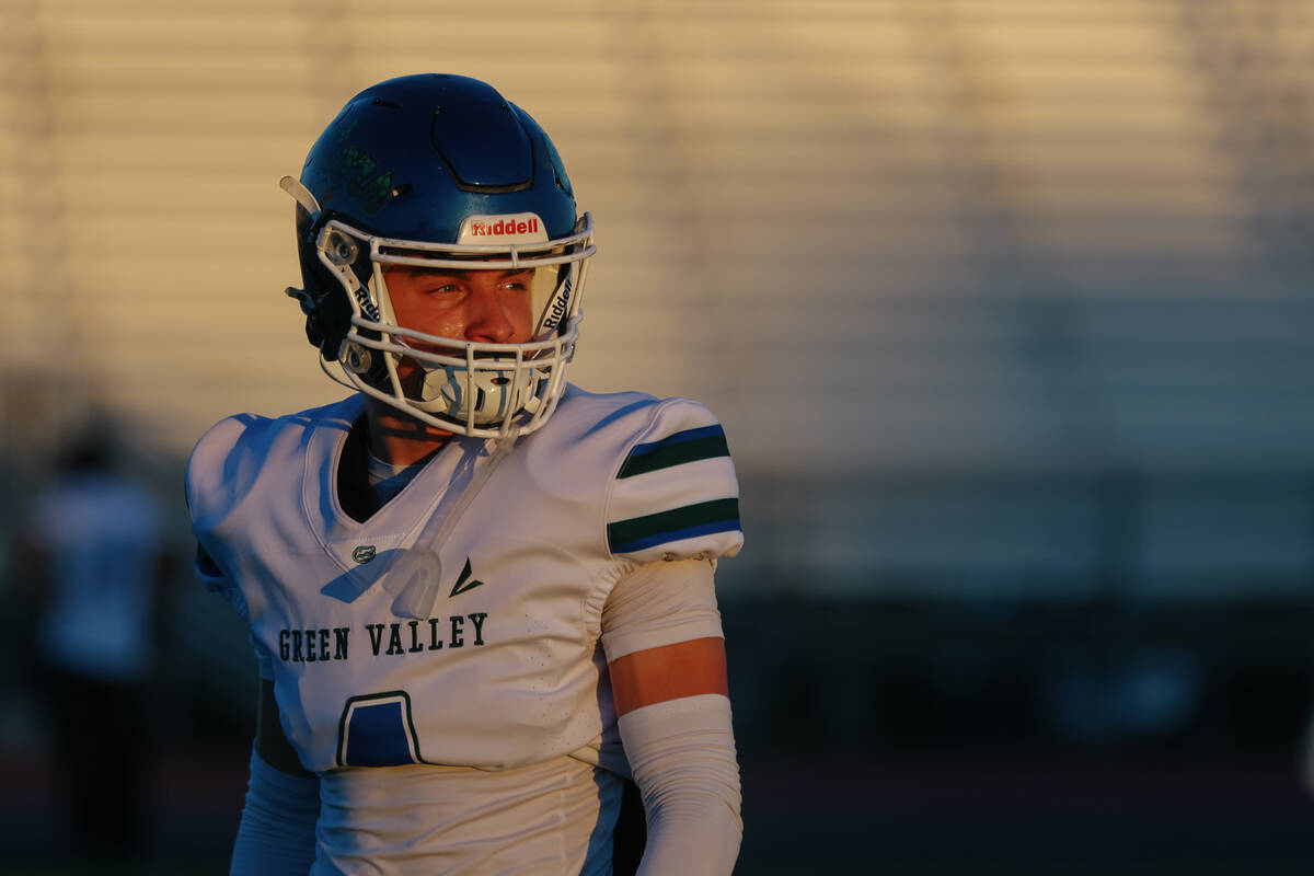 Green Valley defensive back Blake Brickhouse (4) warms up before the Class 5A Southern Region p ...