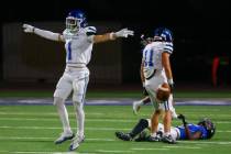 Green Valley defensive back Bo Hackenbruck (1) celebrates breaking up a pass intended for Deser ...