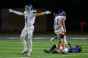 Green Valley defensive back Bo Hackenbruck (1) celebrates breaking up a pass intended for Deser ...