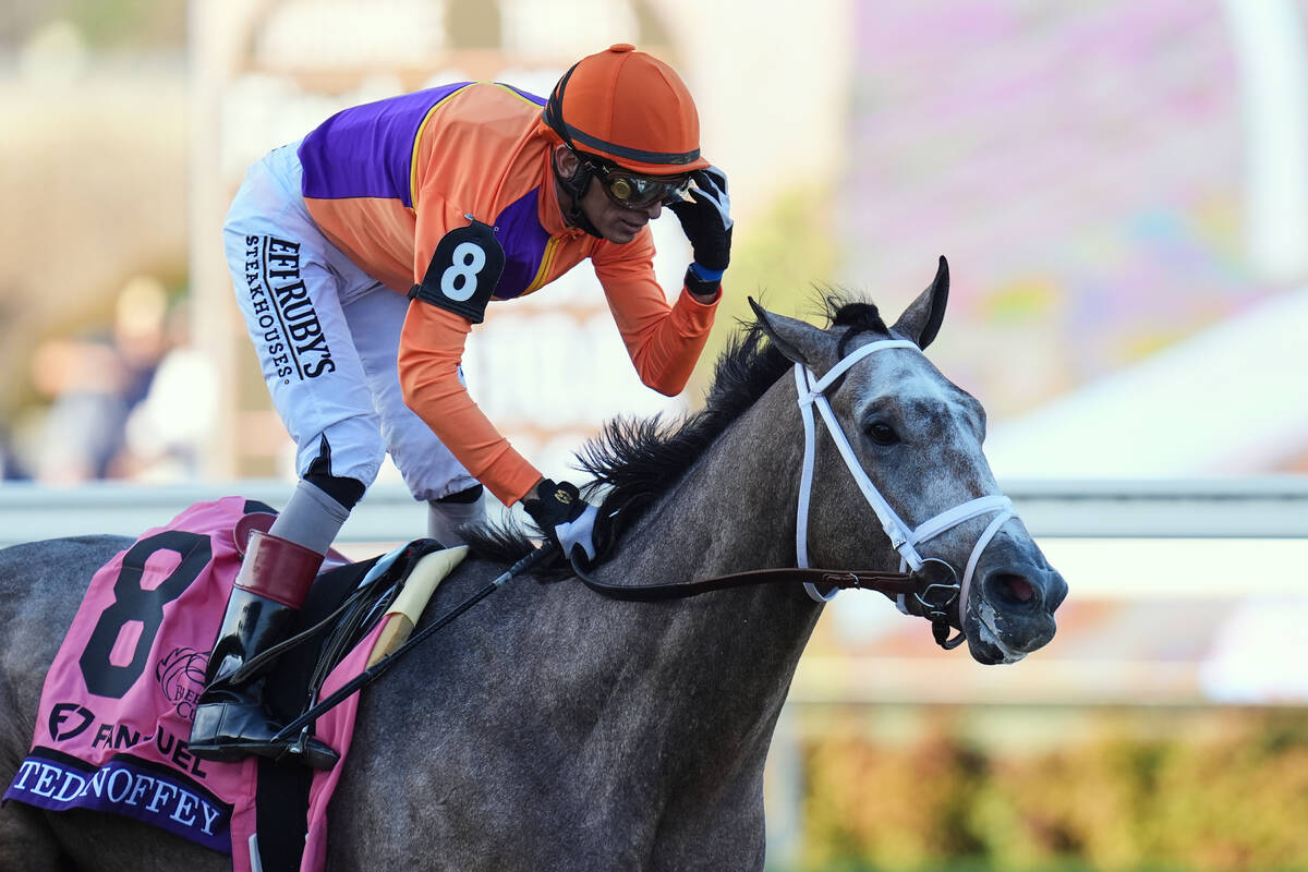 John Velazquez reacts after riding Ted Noffey to victory in the Breeders' Cup Juvenile hor ...