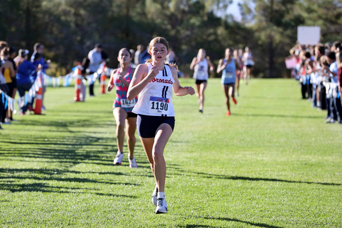 Coronado’s Avery Stanton (1190) races to the finish line during the Nevada Interscholast ...