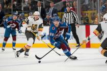 Colorado Avalanche center Martin Necas (88) skates with the puck during the first period of an ...