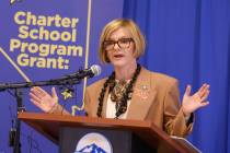 Rep. Susie Lee speaks during a press conference and celebration event, hosted by Opportunity 18 ...