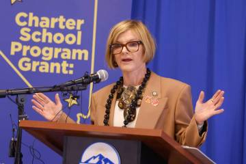 Rep. Susie Lee speaks during a press conference and celebration event, hosted by Opportunity 18 ...