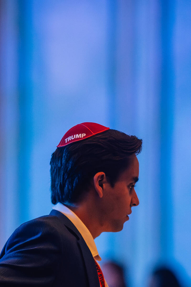 A man wears a yarmulke during a Republican Jewish Coalition dinner at the Venetian Friday, Oct. ...