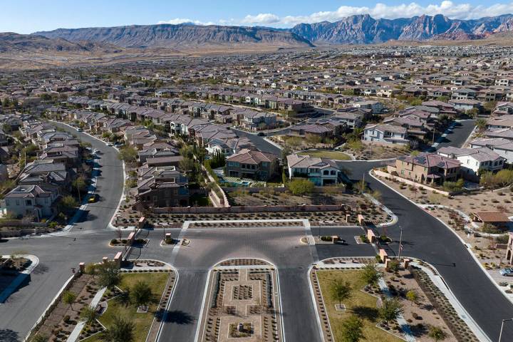 An aerial view of homes at Sarasota, a community planned in The Paseos of Summerlin, on Thursda ...