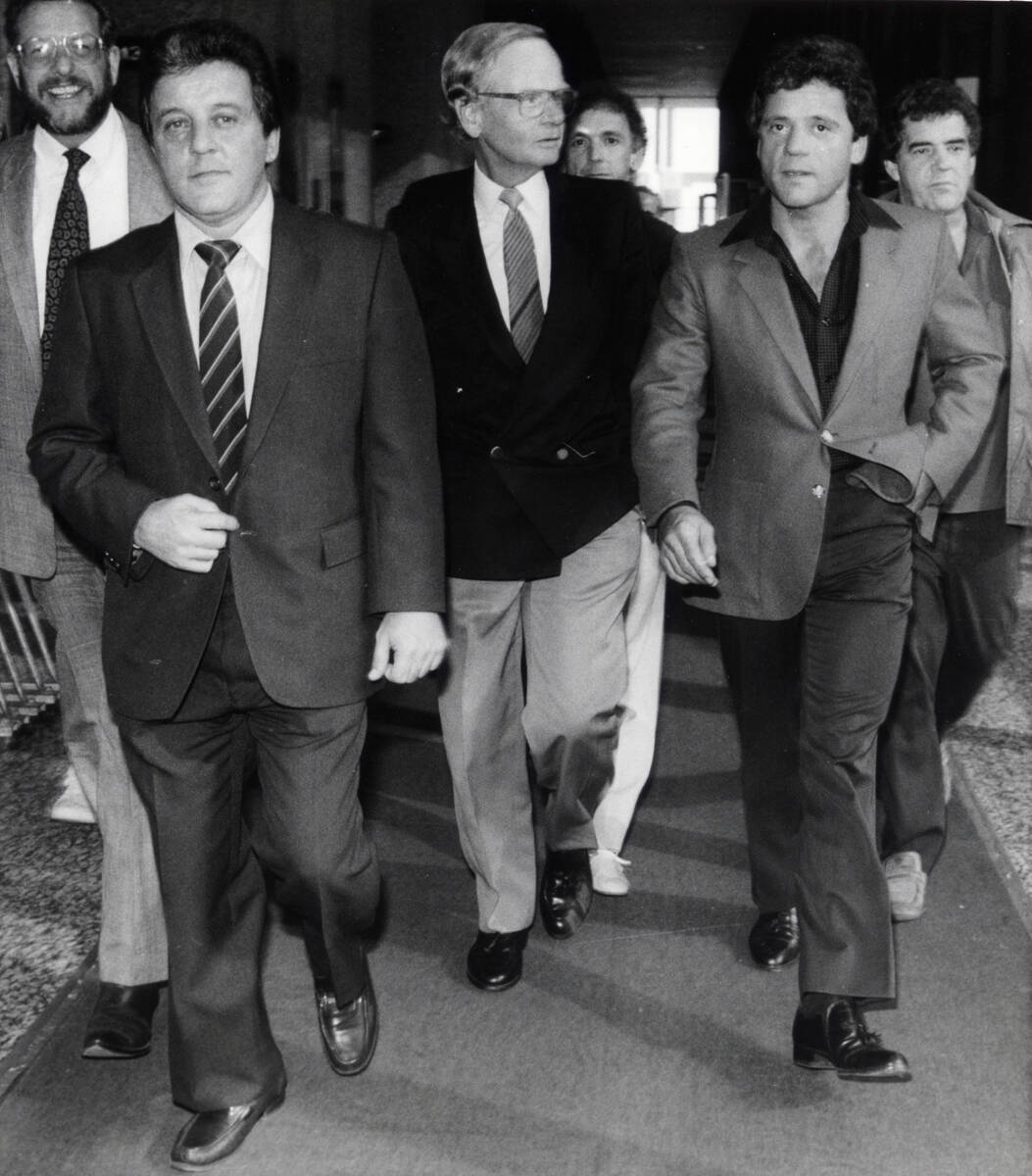 Reputed mob boss Anthony Spilotro, left, and his brother, Michael, leave the federal building i ...