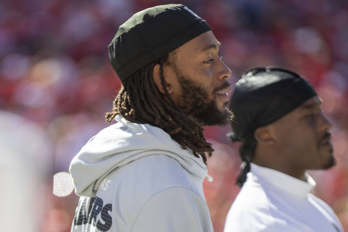 Raiders wide receiver Jakobi Meyers (16) on the sideline during the first half of an NFL game a ...