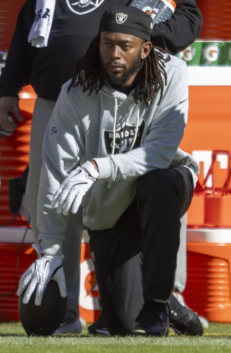Raiders wide receiver Jakobi Meyers (16) watches the team play the Kansas City Chiefs during th ...