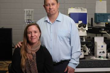 UNLV associate professors of neuroscience Rochelle and Dustin Hines are photographed in their l ...